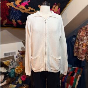 Yarnworks White 100% Cotton Knit Full Zip Cardigan Sweater Small